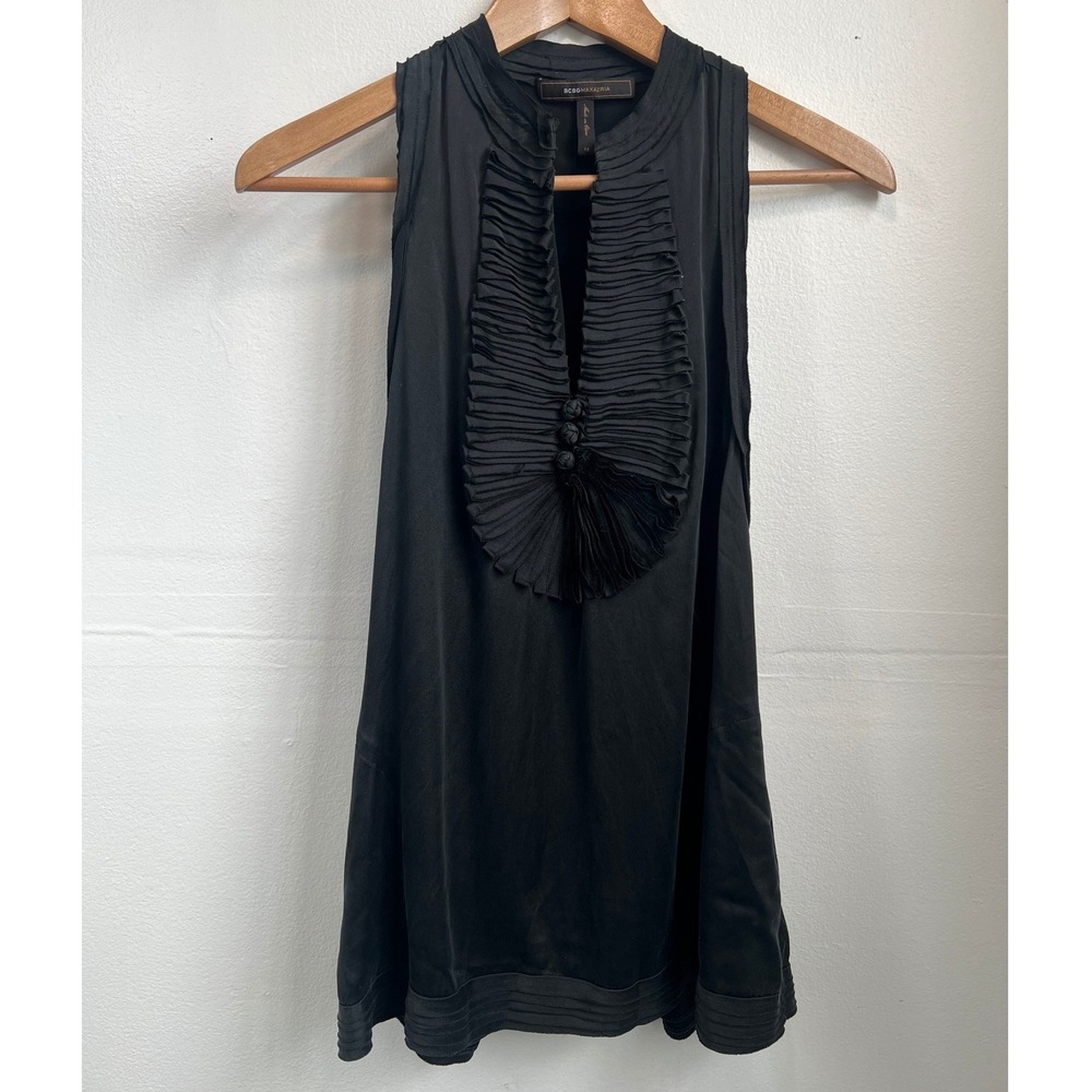 BCBG Max Azria Black Silk Blend Ruffle Sleeveless Tunic Top Mandarin Collar XS